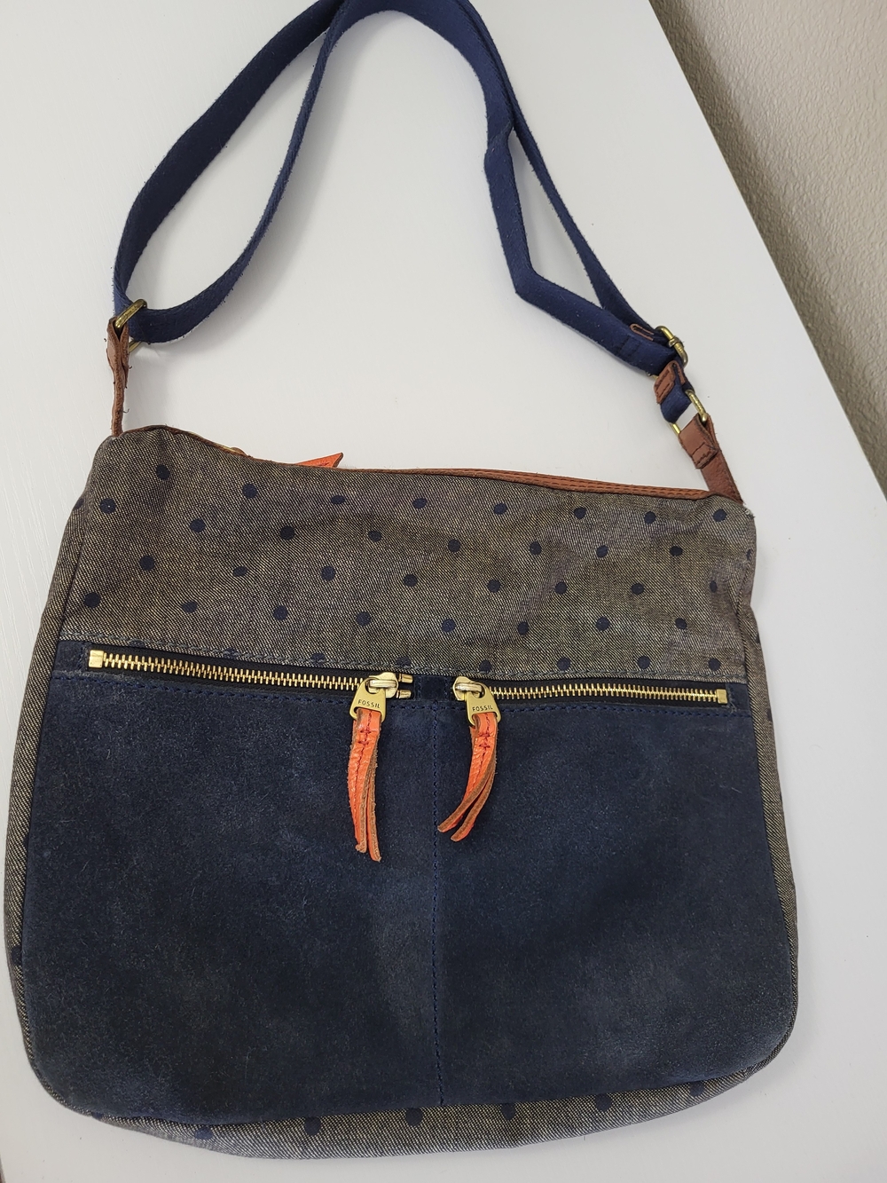 Fossil Erin Crossbody Adjustable Strap Bag Canvas Leather Suede Gold Hardware